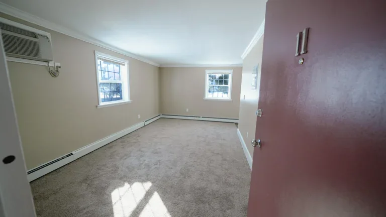 Spacious living room with large windows, neutral decor, and cozy carpet in Brookside Apartments.
